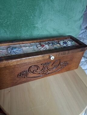 Vintage Carved Wooden Box Sewing Machine Drawer with Lid and Quilt Accents